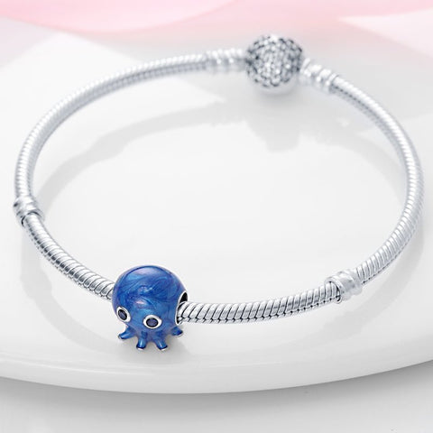 Deep Blue Octopus Charm with Crystal Eyes in Sterling Silver - Deep Blue Octopus Charm with Crystal Eyes in Sterling Silver