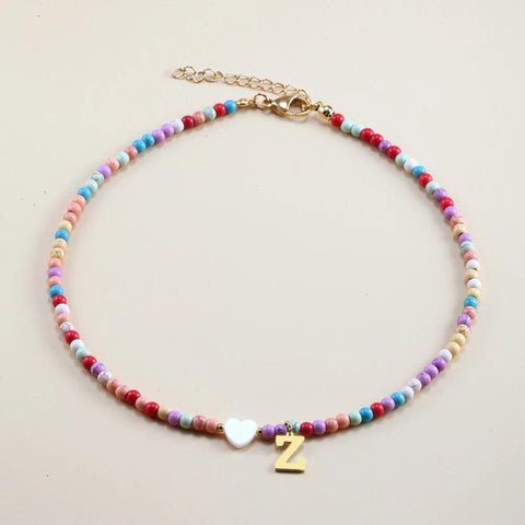 Personalized Beaded Initial Necklace Multicolor Beads Heart Charm - Multicolor beaded necklace with a heart charm and a 'Z' initial pendant.
