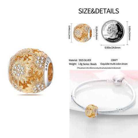 Golden Sunflower Charm with Multi-Color Zircon in Sterling Silver - Golden Sunflower Charm with Multi-Color Zircon in Sterling Silver