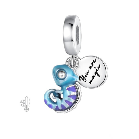 Color changing Chameleon Dangle Charm - Sterling silver charm featuring a blue seashell design with an engraved change color with temp.