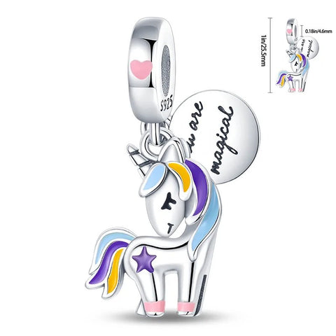 Magical Unicorn Dangle Charm - Sterling silver unicorn charm with colorful enamel accents and "You are magical" engraving.
