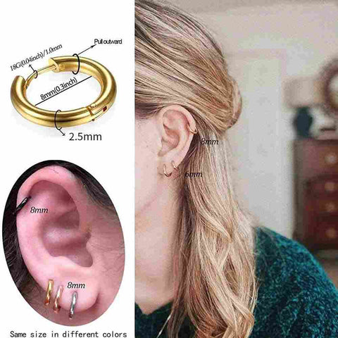 Classic Sterling Silver Hoop Earrings Everyday Wear - Diagram of a gold hoop earring with measurements, shown on a woman's ear with multiple piercings.