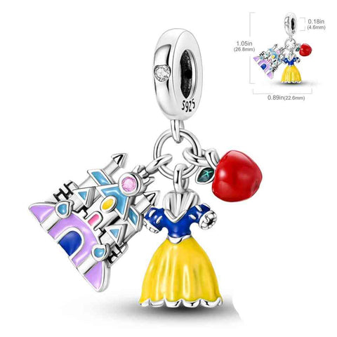 Snow White Castle and Apple Charm - Snow White castle charm with yellow dress and red apple accents.