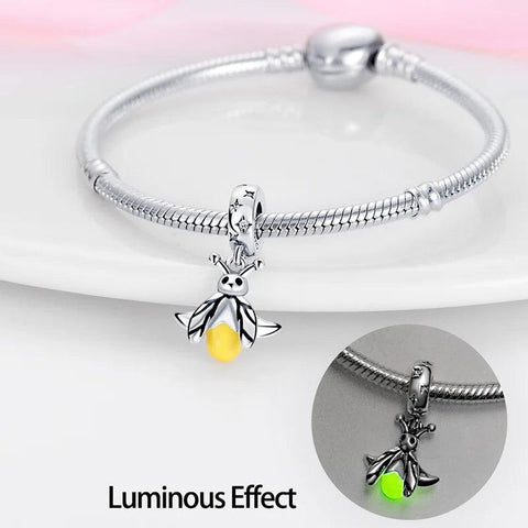 Glow In The Dark Yellow Firefly Dangle Charm - Detailed firefly charm with yellow enamel accents on sterling silver, compatible with Pandora bracelets.
