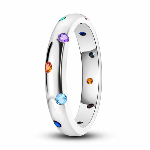 Sterling Silver Rainbow Gem Band Ring - Sterling silver band ring with colorful gemstones blue red and Purple