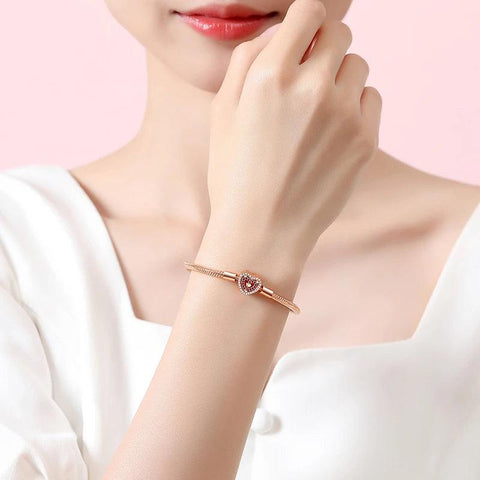 Rose Gold Heart Charm Snake Chain Bracelet Crystals - Rose Gold Heart Charm Snake Chain Bracelet with Crystals