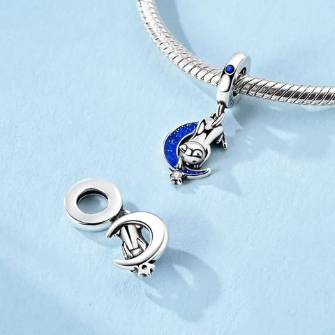 Cat on Crescent Moon with Star Dangle Charm - Cat on Crescent Moon with Star Dangle Charm
