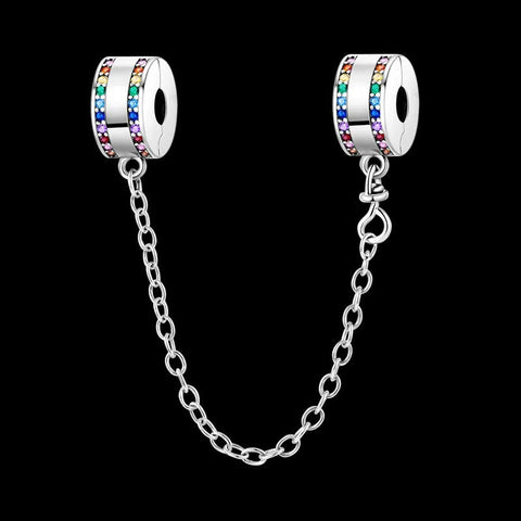 Sterling Silver Rainbow Safety Chain Charm with Multicolor Crystals - Sterling Silver Rainbow Safety Chain Charm with Multicolor Crystals