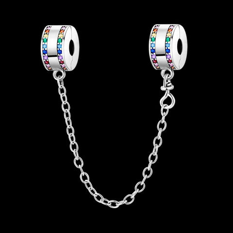 Sterling Silver Rainbow Safety Chain Charm with Multicolor Crystals - Sterling Silver Rainbow Safety Chain Charm with multicolor crystals
