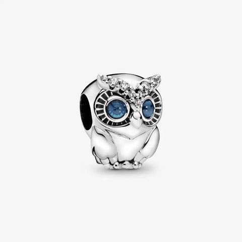 Sterling Silver Owl Charm with Blue Eyes and Crystal Accents - Sterling Silver Owl Charm with Blue Eyes and Crystal Accents