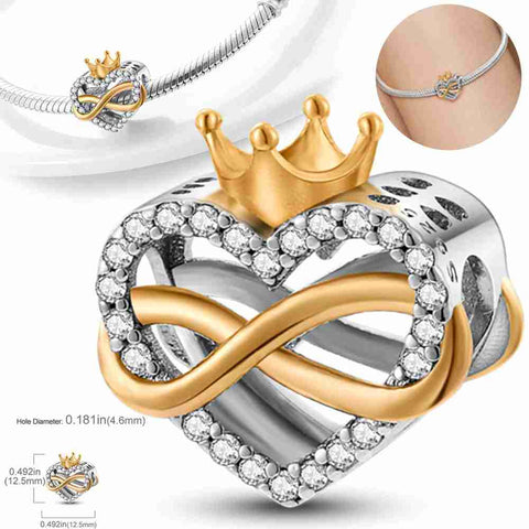 Silver, Rose Gold Entwined Heart and Infinity Charm - Crown Heart Infinity Charm in silver and gold, perfect for expressing eternal love and royalty.
