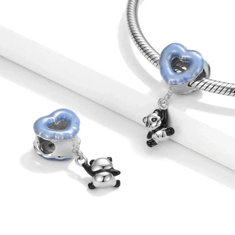 Dangling Panda & Blue Heart Charm - Dangling Panda & Blue Heart Charm