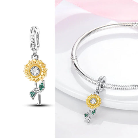Dazzling Sunflower Sterling Silver Charm with Green Gemstone Leaves - Dazzling Sunflower Sterling Silver Charm with Green Gemstone Leaves