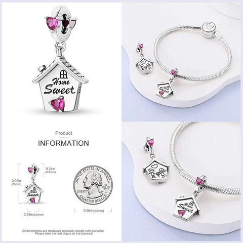 Home Sweet Home Charm with Pink Heart Crystals for Pandora Bracelets - Detailed house-charm with "Home Sweet Home" engraving and pink heart crystals in sterling silver, compatible with Pandora bracelets.