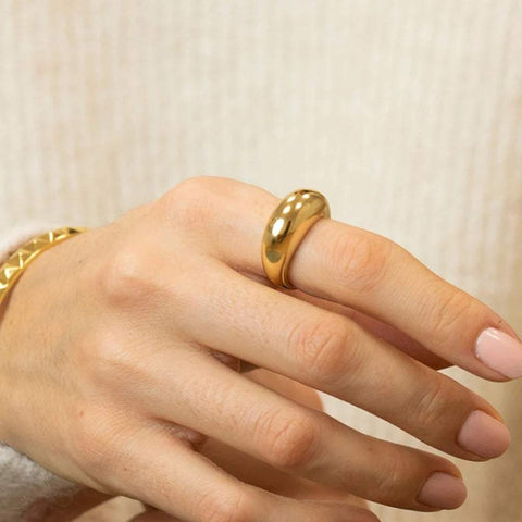 Minimalist Stainless Steel Ring Silver Gold - A person wearing a minimalist gold stainless steel ring with a smooth, polished finish on their finger.