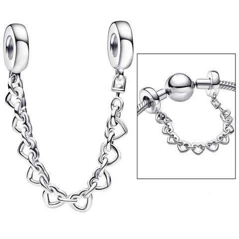 Sterling Silver Safety Chain Charm with Heart Links - Sterling Silver Safety Chain Charm with Heart Links