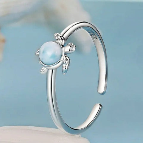 Oceanic Blue Turtle Sterling Silver Adjustable Ring - Unique turtle design ring with blue stone, adjustable sterling silver.