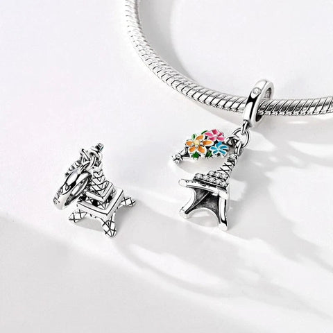 Eiffel Tower with Floral Bouquet Dangle Charm - Eiffel Tower with Floral Bouquet Dangle Charm