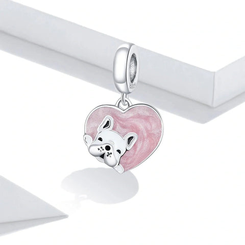 French Bulldog Love Pink Heart Dangle Charm - French Bulldog Love Pink Heart Dangle Charm
