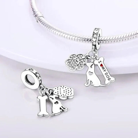 I Love my Dog Silver Paw Bone Charm - I Love my Dog Silver Paw Bone Charm