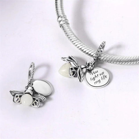 White bee Charms - Sterling silver charm with a glowing bee and inspirational message pendant.