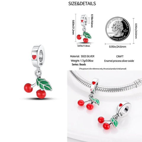 Elegant Silver Cherry Charm with Green Leaves for Bracelets - Close-up of a silver cherry charm with green leaves and red enamel cherries.