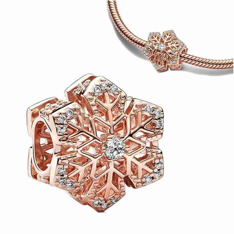 Festive Snowflake Charm - Pandora Rose - Snowflake Charm in rose gold with intricate snowflake designs and crystal accents. Perfect for adding winter magic to your jewelry collection.