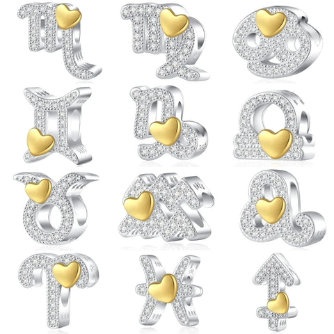 Gold Heart & Pav? Crystals Astrology Signs Zodiac Constellation Charms - Fits pandora Bracelet