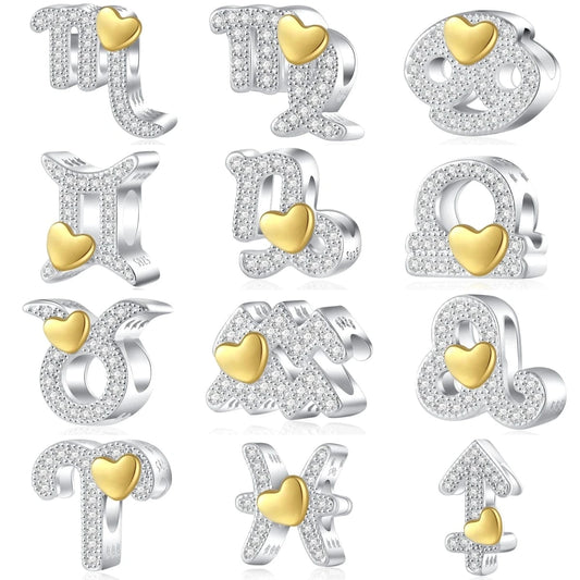 Gold Heart & Pav? Crystals Astrology Signs Zodiac Constellation Charms - Fits pandora Bracelet