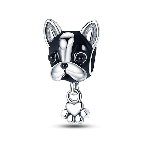 Sterling silver bulldog charm with heart paw detail.