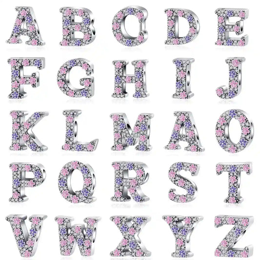 Pink & Purple Flower Letter A-Z Alphabet Charm - Fits pandora Bracelet