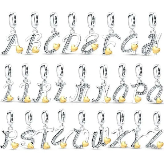 Cursive Gold Heart Letter A-Z Alphabet Charm - Fits pandora Bracelet