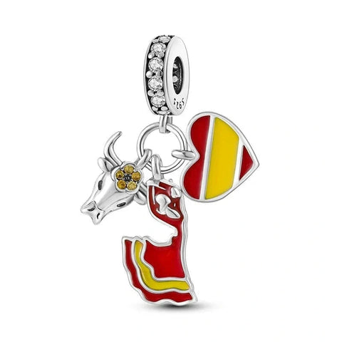 Spain Heart Flag, Flamenco and Bull Dangle Charm - Spain Heart Flag, Flamenco and Bull Dangle Charm