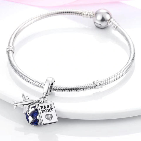 Sterling Silver Travel Passport Charm and Plane - Fits pandora Bracelet