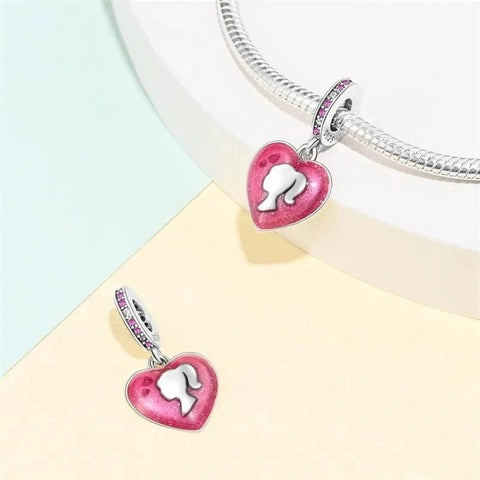 Silhouette Heart Charm with Pink Detail - Fits pandora Bracelet