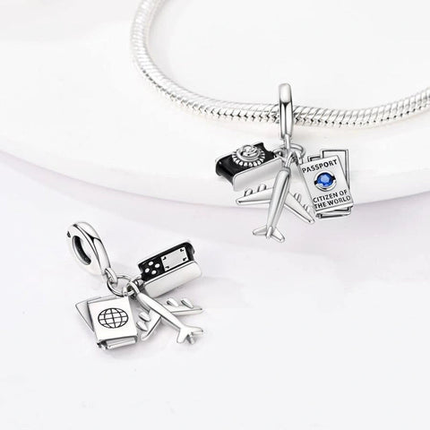 Sterling Silver Travel Charm with Passport, Camera, and Airplane - Sterling Silver Travel Charm with Passport, Camera, and Airplane
