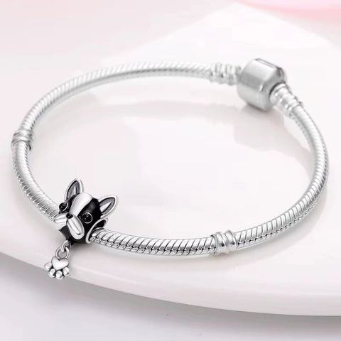 Sterling Silver Bulldog Charm with Heart Paw - Fits pandora Bracelet