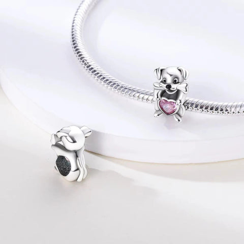 Puppy Love Charm with Pink Heart Crystal in Sterling Silver - Puppy Love Charm with Pink Heart Crystal in Sterling Silver