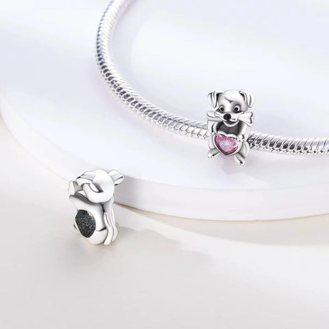 Puppy Love Charm with Pink Heart Crystal in Sterling Silver - Fits pandora Bracelet