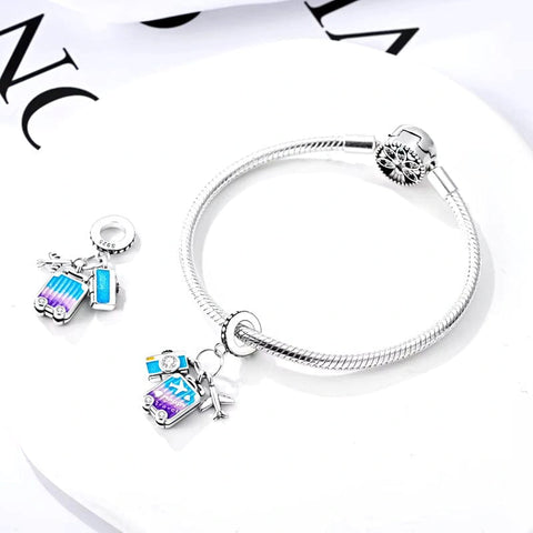 Sterling Silver Travel Charm with Camera, Luggage, and Airplane - Fits pandora Bracelet