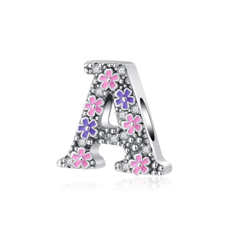 Pink & Purple Flower Letter A-Z Alphabet Charm - Fits pandora Bracelet