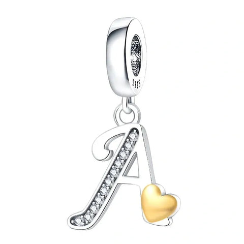 Cursive Gold Heart Letter A-Z Alphabet Charm - Fits pandora Bracelet