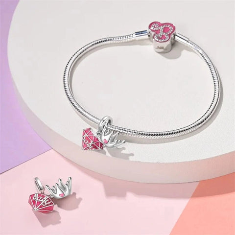Baby Crown Charm with Pink Enamel - Fits pandora Bracelet