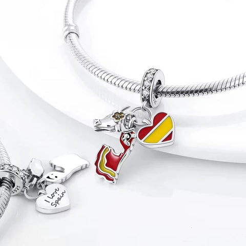 Spain Heart Flag, Flamenco and Bull Dangle Charm - Spain Heart Flag, Flamenco and Bull Dangle Charm
