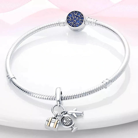 Sterling Silver Globe, Luggage, and Airplane Travel Charm - Fits pandora Bracelet