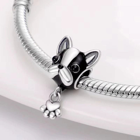 Sterling Silver Bulldog Charm with Heart Paw - Sterling Silver Bulldog Charm with Heart Paw