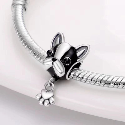Sterling Silver Bulldog Charm with Heart Paw - Fits pandora Bracelet