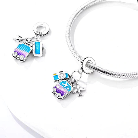 Sterling Silver Travel Charm with Camera, Luggage, and Airplane