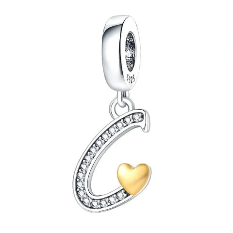 Cursive Gold Heart Letter A-Z Alphabet Charm - Fits pandora Bracelet