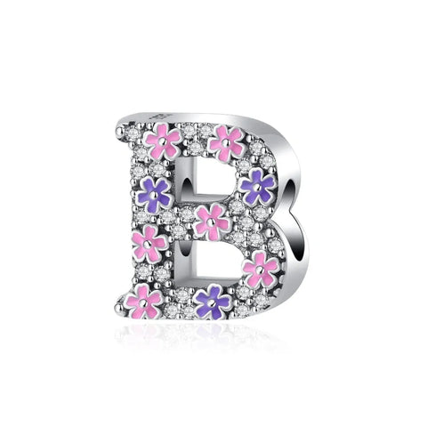 Pink & Purple Flower Letter A-Z Alphabet Charm - Fits pandora Bracelet